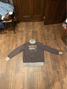 Napapijri Geographic Distressed Full Zip Sweatshirt Jacket sz L Gray Cardigan